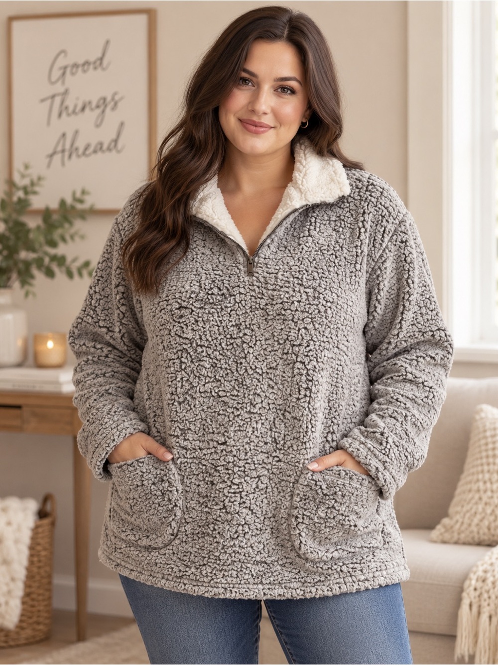 Love Tree Gray Sherpa Quarter Zip Pullover Women’s Large